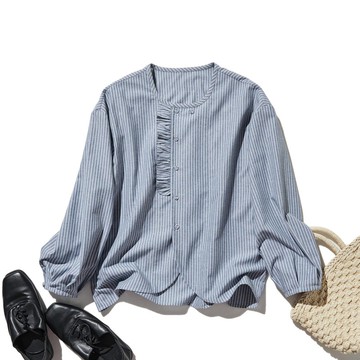 日系簡約 縐褶條紋襯衫 透氣親膚 棉麻混紡青色・米色　250419-2