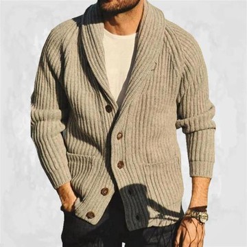 亞馬遜外貿男純色翻領長袖外穿針織衫復古毛衣潮vintage sweater