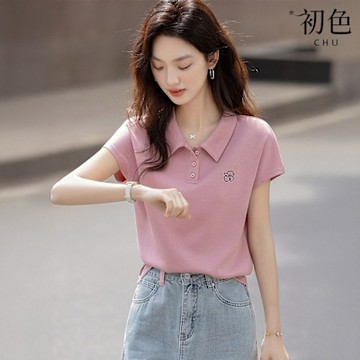初色 通勤風簡約花朵刺繡修身小飛袖POLO衫上衣女上衣-共2色-11490(M-2XL可選/現貨+預購)