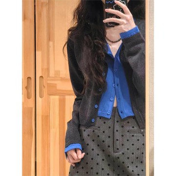 入秋韓系穿搭假兩件灰色針織開衫女撞色拼接毛衣外套外穿長袖上衣