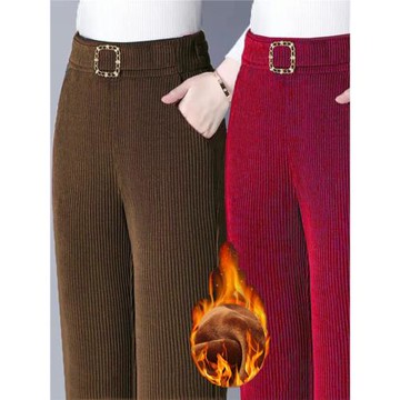 秋冬褲女媽媽保暖加厚燈芯絨休閑褲寬松顯瘦微喇褲女士加絨喇叭褲