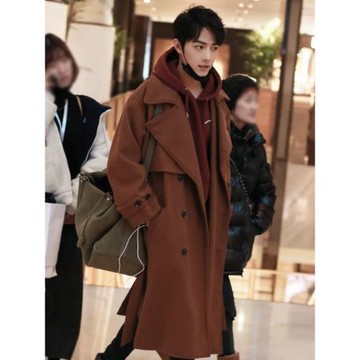 肖戰同款磚紅色大衣風衣韓國同步毛呢大衣男雙面呢子外套系帶潮