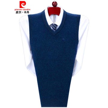 皮爾卡丹高端羊絨背心男v領厚中年商務無袖毛衣馬甲羊毛針織坎肩