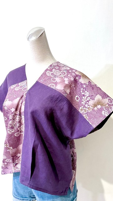 日式古典優雅宮廷風紫色撞色四季花草微修身棉麻四角衣罩衫