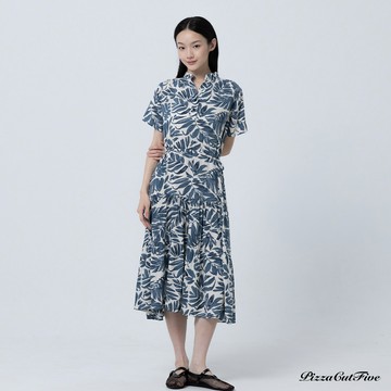 [涼感洋裝｜兩件1580]塗鴉感葉子印花短袖連身洋裝 PizzaCutFive PCF262485114