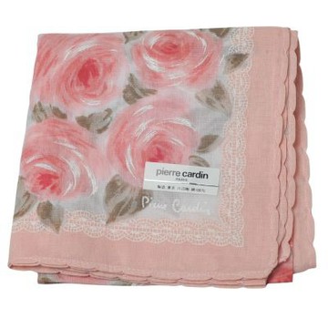 pierre cardin 粉紅系水彩玫瑰波浪蕾絲邊圖騰字母LOGO小帕巾(45CM)