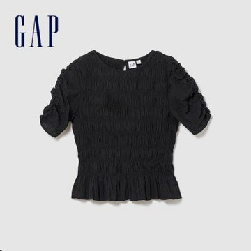 【GAP】抓皺短版荷葉下擺上衣-黑色(898109)