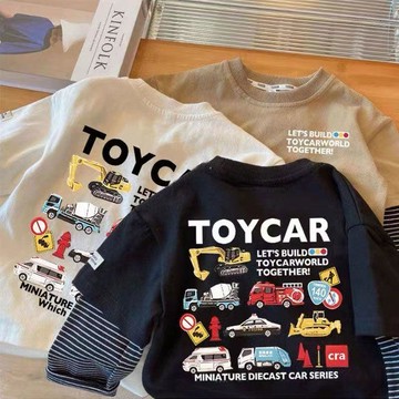【臺灣出貨】秋冬新品男童長袖上衣 中小童韓版卡通汽車印花純棉假兩件長袖T恤男寶寶打底衫秋裝潮 兒童衣服 兒童長袖上衣