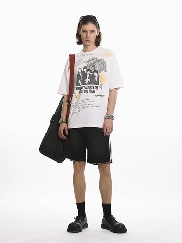 Unvesno (UN) 做舊樂隊字母涂鴉復古洗水破洞短袖 SWS-1656