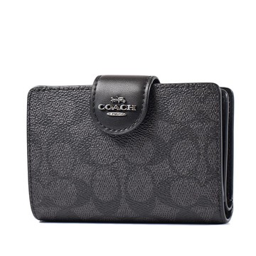 COACH 立體馬車緹花LOGO防刮釦式中夾-黑灰