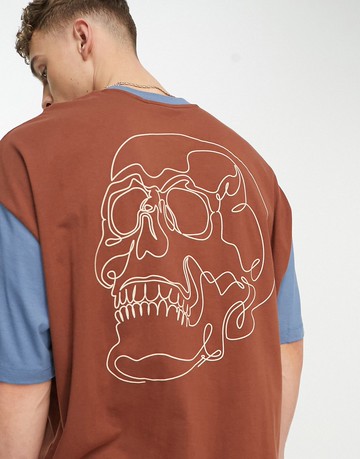 ASOS DESIGN oversized t-shirt in brown with line drawing back print & contrast sleeves