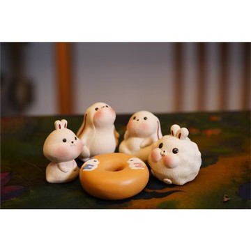蜜糖紫砂 桌面家居手工茶寵擺件治愈系生肖兔可愛系白色茶具周邊