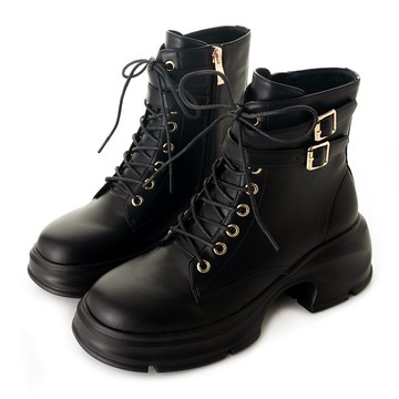 甜酷風雙皮帶輕量厚底短靴 黑 GB524BK