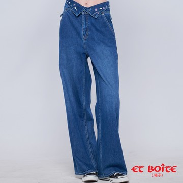 【8折▿】無彈高腰翻轉繡花丹寧牛仔寬直筒褲(深藍) -  BLUE WAY ET BOîTE 箱子