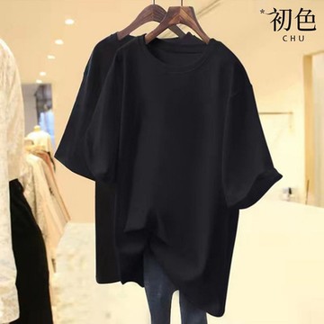 初色  休閒純色寬鬆大碼透氣百搭圓領短袖T恤上衣-共5色-32894(M-2XL可選)