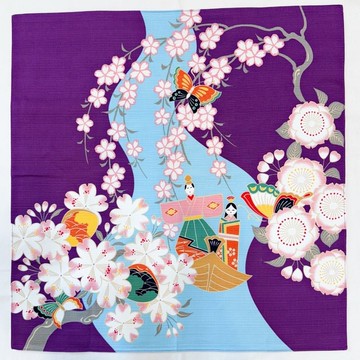 京都風呂敷包巾-女兒節 中巾-雛人形與滿滿櫻花(紫)