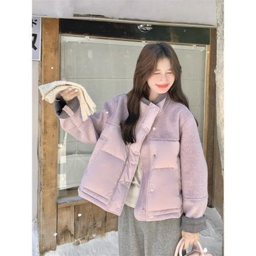 淺紫色短款毛呢拼接羽絨服女冬2025新款小個子保暖爆款白鴨絨外套