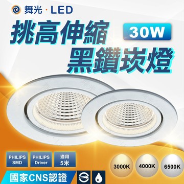【舞光】挑高伸縮黑鑽崁燈｜30W｜開孔15.5cm｜適用挑高5米｜商業空間照明｜2年保固