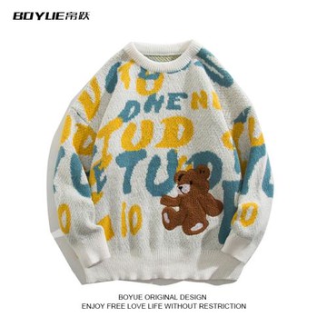 BOYUE帛躍小熊毛衣秋冬男女日系可愛提花流行oversize情侶針織衫