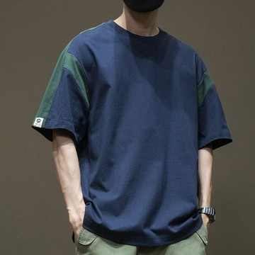 時尚夏季潮流日系拼接撞色重磅短袖T恤男百搭男士寬鬆大碼男款潮