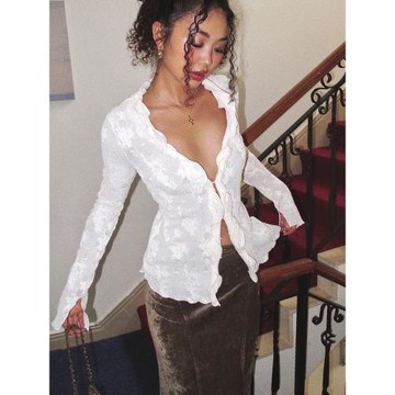 ITSNIKAR 法式性感v領針織衫女初秋荷葉邊提花開衫朦朧感顯瘦上衣