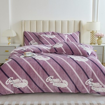 Ishur 伊舒爾 Crocodile 鱷魚牌 法蘭絨兩用毯被床包組 5尺  床包(152 x 188cm) + 被套(182 x 212cm) + 枕套(45 x 75cm)  粉藕紫  被套 + 床包 + 枕頭套