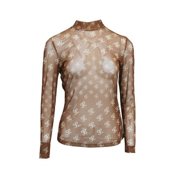 EVA棕色印花高領透紗上衣