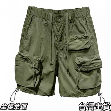 速.發 軍綠多口袋短褲男時尚百搭潮牌休閒工裝褲速幹寬鬆直筒高腰五分男 台出