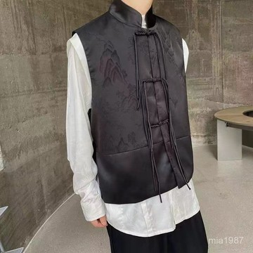 早夏季新中式山水印花馬甲坎肩男小衆盤扣設計感複古國風禪意背心