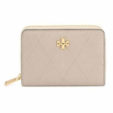 TORY BURCH CHARLIE 荔枝紋皮革絎縫拉鍊零錢夾(柔霧米灰)