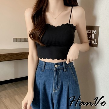 【HanVo】柔美糖果色冰絲波浪邊小可愛 透氣彈性細肩小可愛 韓版上衣小可愛 附可拆胸墊  女生上衣 A09-5067