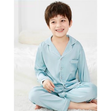 兒童睡衣男童夏季薄款仿真絲男孩開衫長袖中大童居家空調服