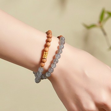 手串 串珠 手鍊 檀木 灰月光石 串珠手鍊 雙圈手串 純銀飾品 614