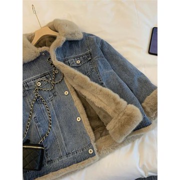 復古羊羔毛牛仔外套女秋冬天毛茸茸休閑寬松bf加絨加厚休閑派克服