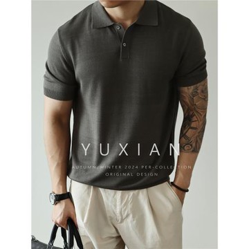 YUXIAN竹節棉細膩高密精梳棉POLO復古休閑商務針織翻領短袖T恤男