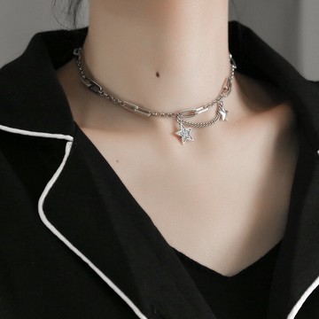 眼觀925純銀星星鏈條項鏈女個性ins嘻哈泰銀短款鎖骨鏈潮百搭頸鏈1入