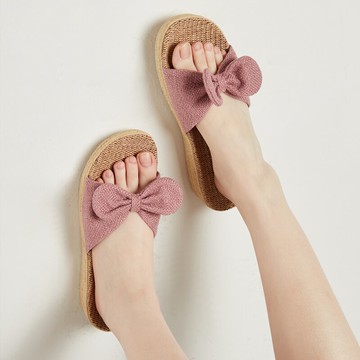2021款高跟蝴蝶結亞麻拖鞋女夏季家居室內厚底防滑家用坡跟可外穿