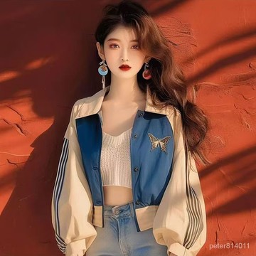 【PE】小衆設計感漂亮上衣小個子韓係洋氣減齡寬鬆藍色拚接蝴蝶印花外套