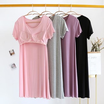 莫代爾睡裙女帶胸墊夏季短袖女士長裙休閑寬松大碼純色夏孕婦睡衣