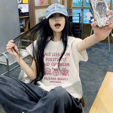 夏季新款韓系通勤風花灰色短袖款高級感寬鬆純棉女生上衣 慵懶風 男生短袖 oversize寬鬆 韓版短T 圓領半袖 上衣女