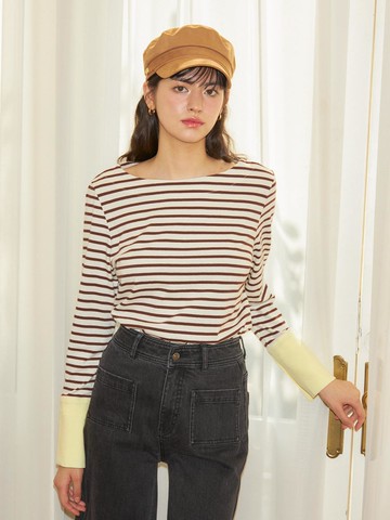 Stripe Cuffs T-shirt_Brown