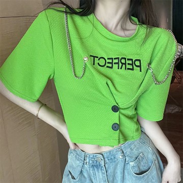 港味復古chic字母刺繡短袖t恤女夏季設計感小眾收腰露臍短款上衣