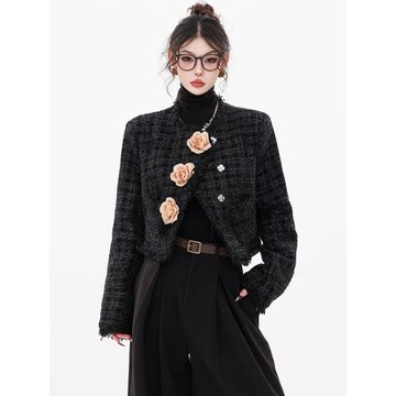 ABWEAR 馥郁玫瑰-原創中式氣質短外套女秋冬新款玫瑰裝飾長袖上衣