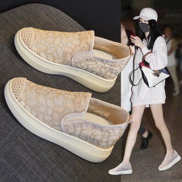 小香風漁夫鞋女一腳蹬2025年新款夏季厚底網面內增高女鞋透氣網鞋