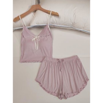 莫代爾帶胸墊睡衣女夏季吊帶短褲兩件套新款純欲風簡約休閑家居服