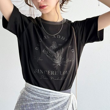 日本 Classical Elf - 法式休閒花束滾邊短袖上衣-黑x灰