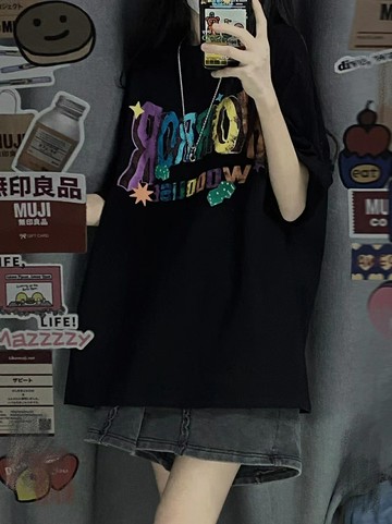 美式復古潮流正肩t恤女夏季設計感小眾ins寬松高級感純棉短袖上衣