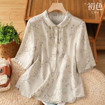 初色 文藝風復古碎花印花翻領短袖襯衫上衣女上衣-麻色-14712(M-2XL可選)
