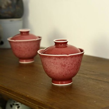 三生葵口手繪金銀豇豆紅蓋碗陶瓷功夫茶具景德鎮美人桃花面佛手