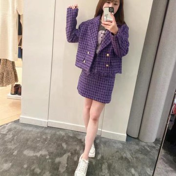IULV 2025小香風套裝紫色格紋粗花呢雙排扣西裝外套短褲